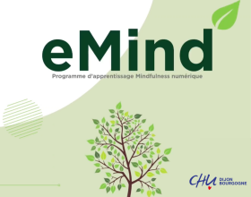 Texte "eMind" et "programme d'apprentissage mindfulness numérique" au dessus du dessin d'un arbre