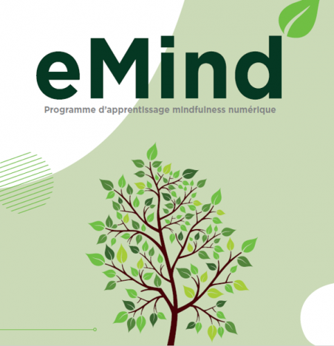 Texte "eMind" et "programme d'apprentissage mindfulness numérique" au dessus du dessin d'un arbre